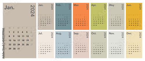Classic colorful monthly calendar for 2024. Calendar in the style of minimalist square shape. The week starts on Sunday. English text.