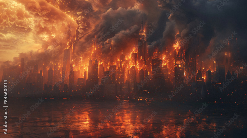 Burning inferno engulfing a cityscape, creating a dramatic scene Burning inferno engulfing a cityscape, creating a dramatic scene