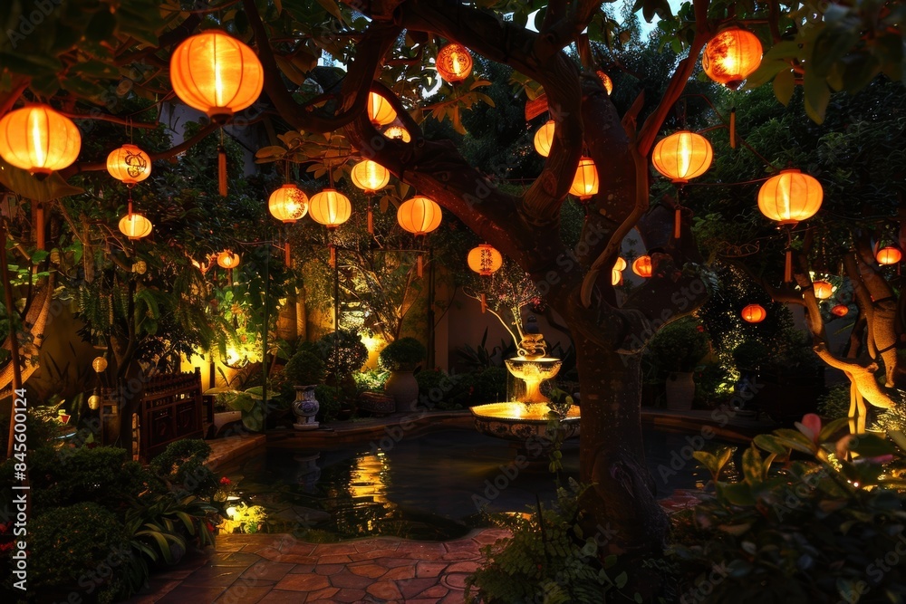 Naklejka premium Serene Garden at Night with Lanterns, Pathway Lights, and Glowing Fountain for Tranquil Evening Ambience