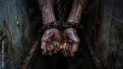 Despairing hands shackled together, highlighting the loss of freedom and autonomy in a prison cell © Lcs