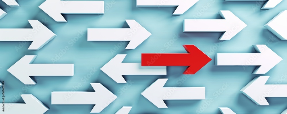 one red arrow pointing opposite direction among white arrows, leadership and individuality concept one red arrow pointing opposite direction among white arrows, leadership and individuality concept