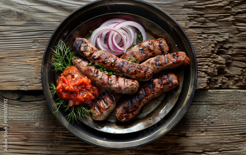 Chef presenting grilled cevapcici sausages with ajvar, onion, and herbs on rustic wooden table photo