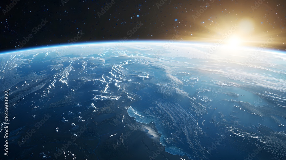Galactic Sunrise: Earth and the Cosmos Illuminated by the Rising Sun.. Panoramic view of the Earth, sun, star and galaxy. Sunrise over planet Earth, view from space Galactic Sunrise: Earth and the Cosmos Illuminated by the Rising Sun.. Panoramic view of the Earth, sun, star and galaxy. Sunrise over planet Earth, view from space