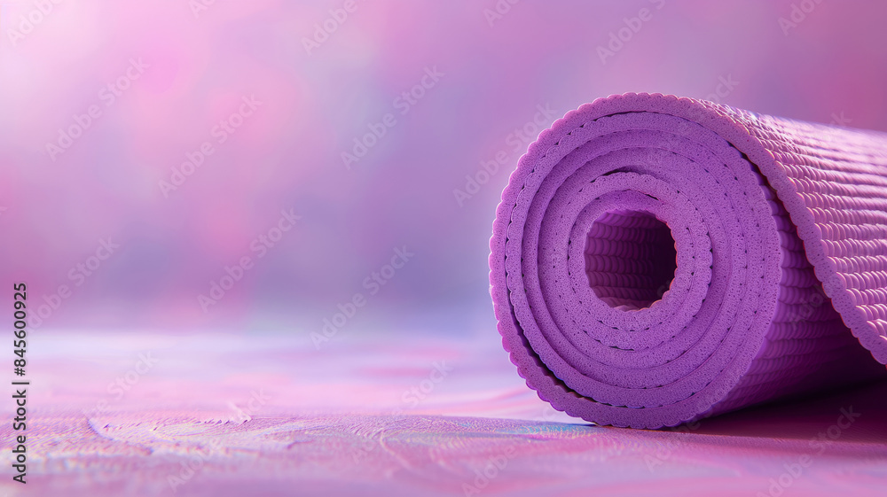 Purple yoga mat rolled up with a blurred pink background Purple yoga mat rolled up with a blurred pink background