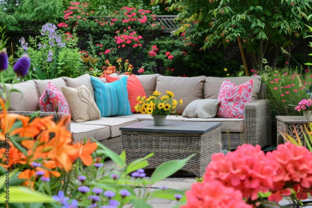 Obraz premium Elegant Outdoor Garden Patio with Sectional Sofa and Colorful Flowers Ideal for Relaxation