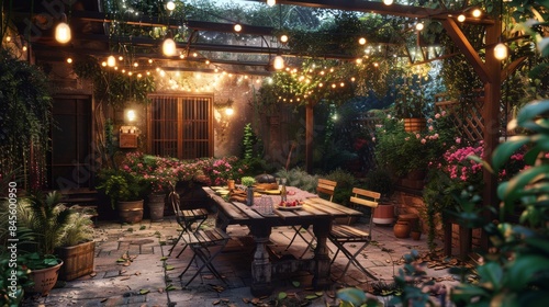 Rustic Garden Patio with String Lights and Wooden Table for an Evening Dinner Party