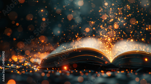 Open book, magic light coming from its pages, enlightenment concept