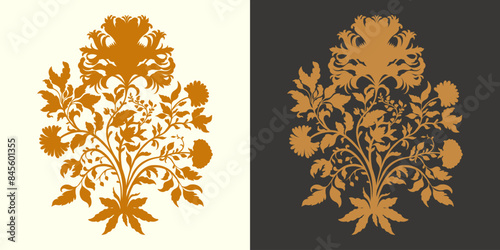 Mughal Art is a traditional silhouette bunch flower of floral ornaments. A gold motif on a isolated background, isolated element. Fantasy traditional bouquet.