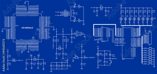Vector electrical schematic diagram of digital
electronic device with led indicators and integrated circuit, operating under 
the control of microcontroller. Technical engineering drawing.