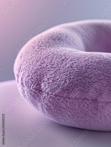 Close-up of a purple plush neck pillow, soft and cozy.