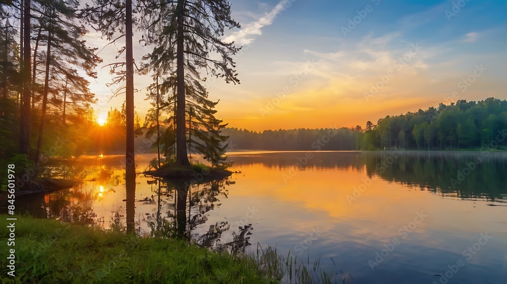 Sunset in horizon landscape of forest by the lake with clouds in sky Sunset in horizon landscape of forest by the lake with clouds in sky