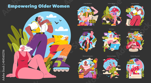 Empowering Older Women. Flat Vector Illustration