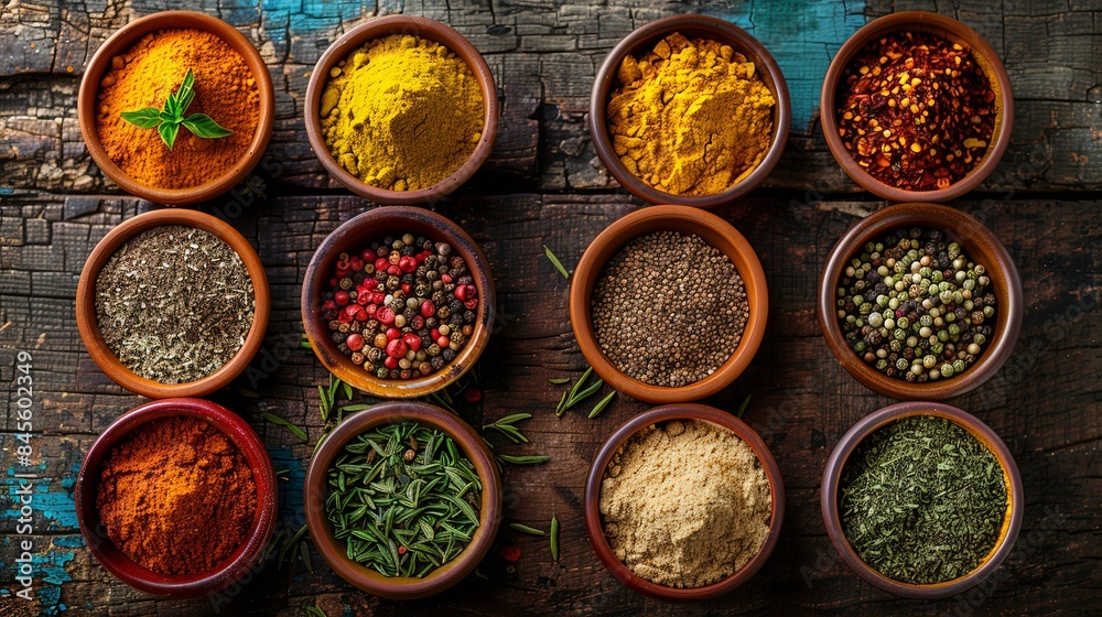 Top-down view of colorful spices in ceramic bowls arranged on a rustic wooden table. Generative AI Top-down view of colorful spices in ceramic bowls arranged on a rustic wooden table. Generative AI