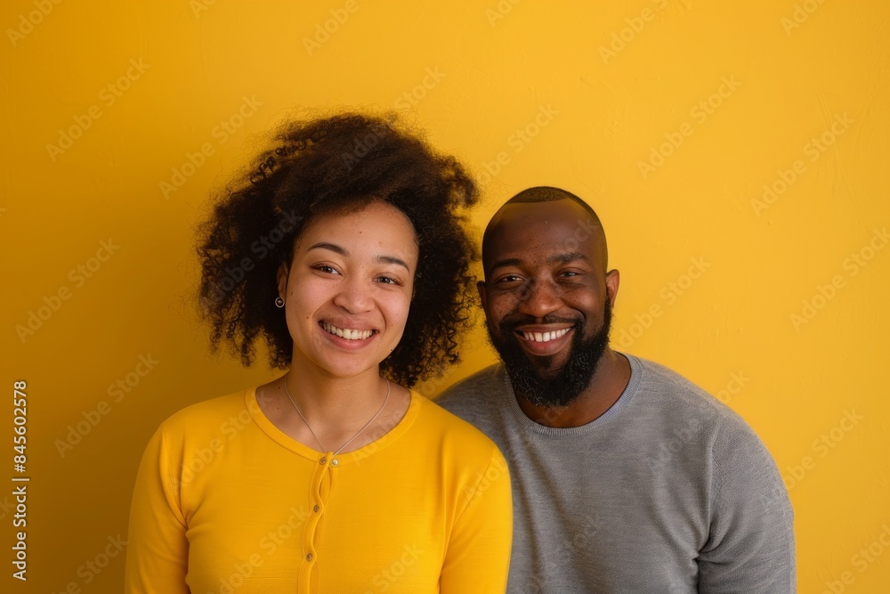 Obraz premium Portrait of a glad multicultural couple in their 30s sporting a long-sleeved thermal undershirt while standing against soft yellow background