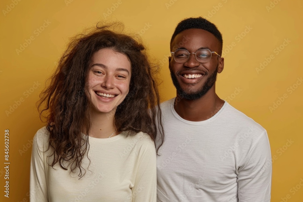 Portrait of a glad multicultural couple in their 30s sporting a long-sleeved thermal undershirt while standing against soft yellow background Portrait of a glad multicultural couple in their 30s sporting a long-sleeved thermal undershirt while standing against soft yellow background