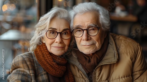 Old couple in love sitting in restaurant, valentine's day concept 