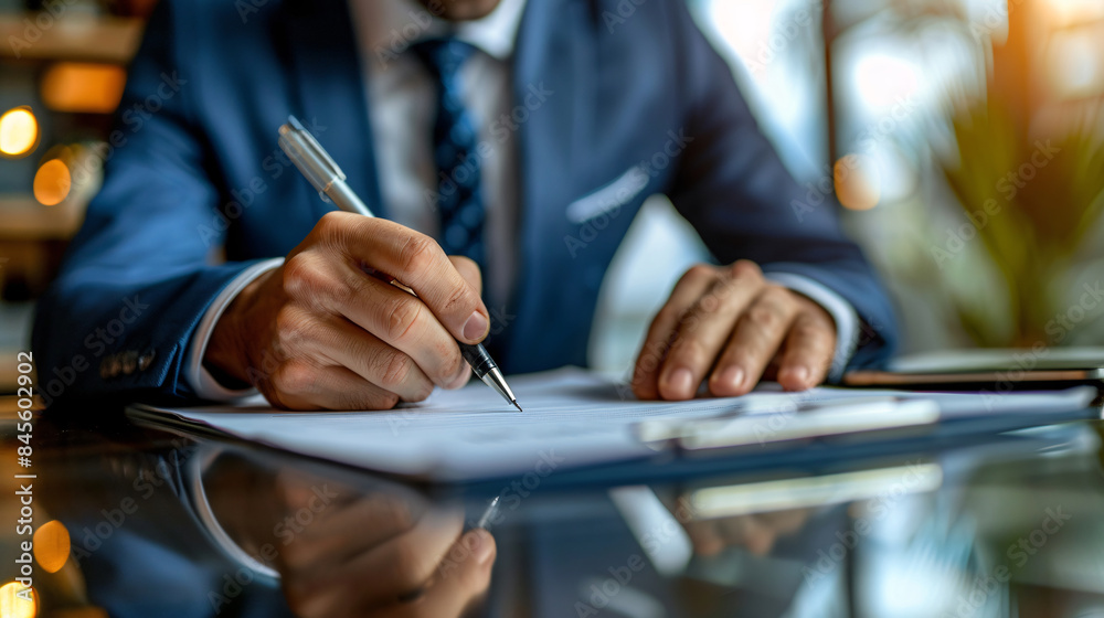 Corporate manager signing a contract at his desk, focusing on a new business deal Corporate manager signing a contract at his desk, focusing on a new business deal