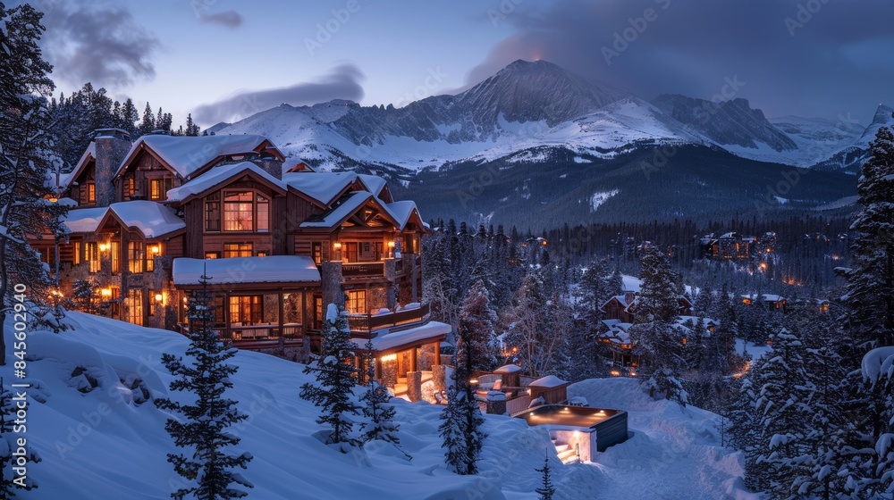 Fototapeta premium Winter Wonderland Resort: Cozy Cabins and Hot Tub Experience in Snowy Mountains at Twilight