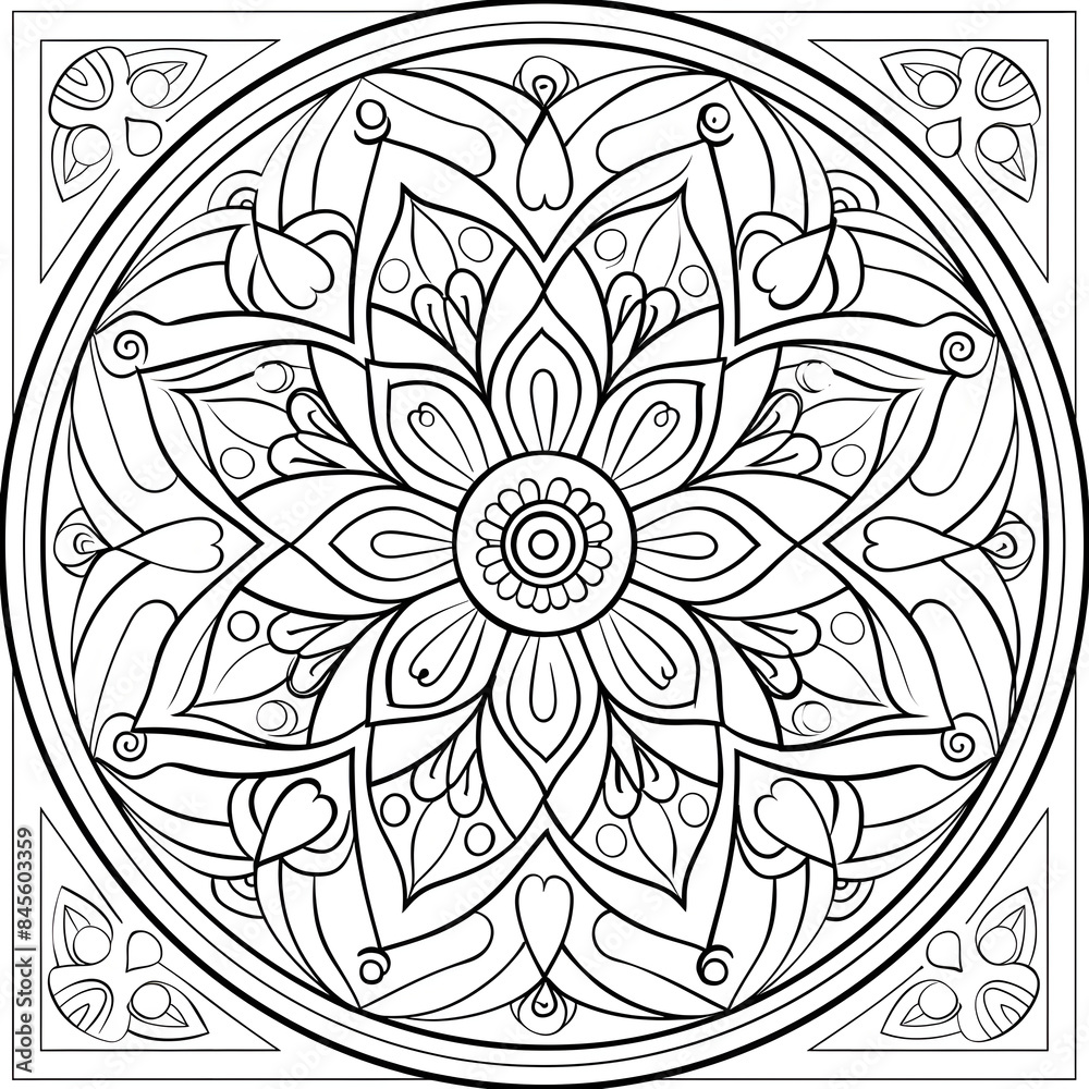A beautiful floral mandala design enclosed in a square frame, ready for coloring A beautiful floral mandala design enclosed in a square frame, ready for coloring
