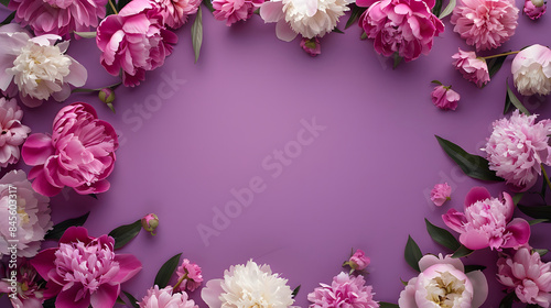 A vibrant frame of pink and white peony blossoms and lush green leaves adorns a soft lilac background, creating a romantic and inviting space for text or design elements