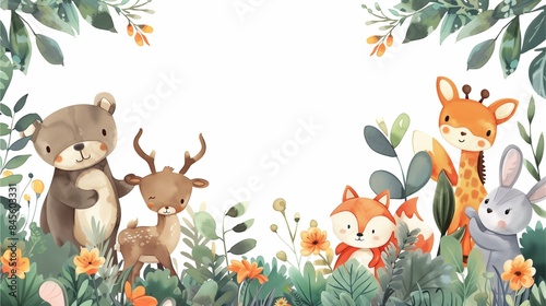 Fototapeta Naklejka Na Ścianę i Meble -  Cartoon watercolor of cute forest animals in a frame.