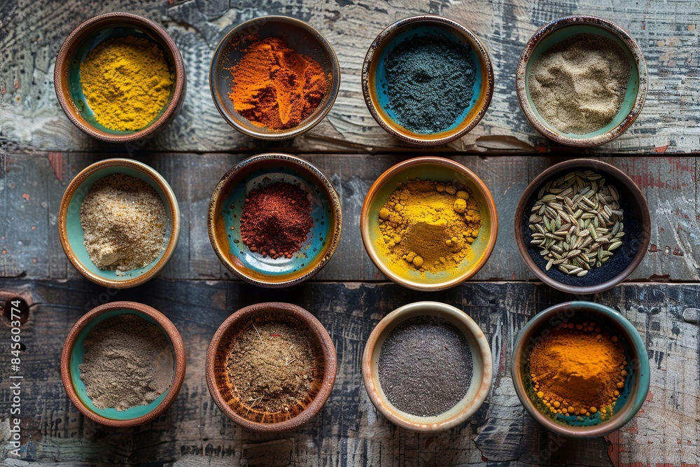 A top-down view of various colorful spices in beautiful ceramic bowls arranged on a rustic wooden surface. The spices include turmeric, paprika, cumin, and coriander. Generative AI A top-down view of various colorful spices in beautiful ceramic bowls arranged on a rustic wooden surface. The spices include turmeric, paprika, cumin, and coriander. Generative AI