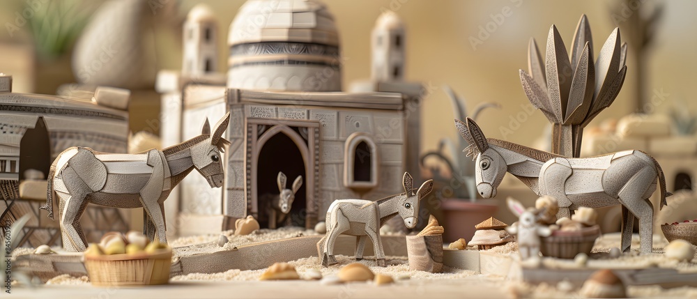 Miniature wooden village scene featuring donkeys and traditional buildings under a beige sky, creating a charming, rustic atmosphere. Miniature wooden village scene featuring donkeys and traditional buildings under a beige sky, creating a charming, rustic atmosphere.