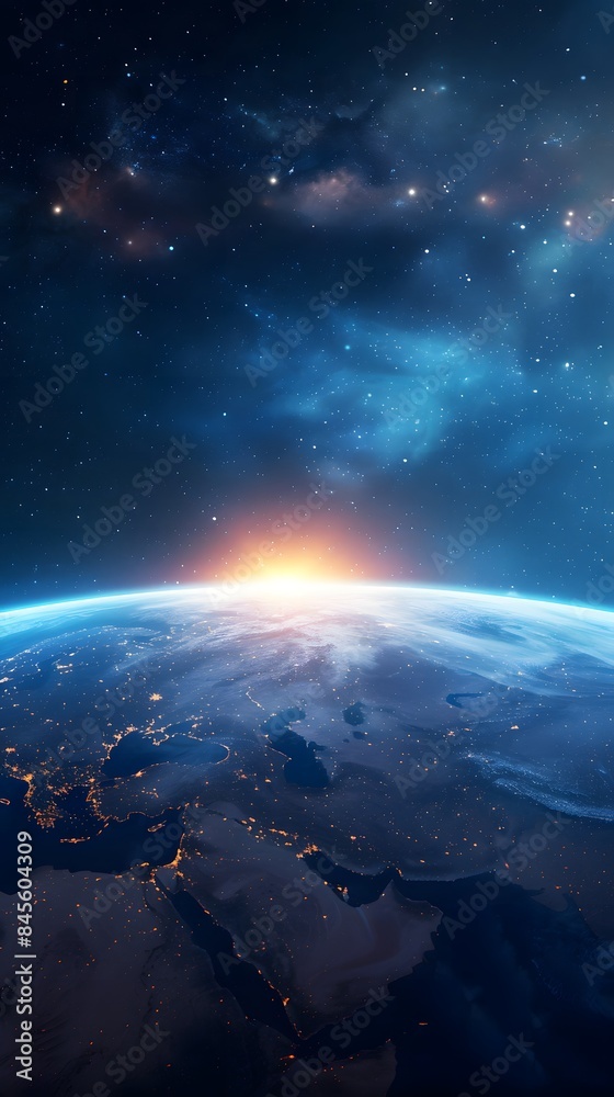 Fototapeta premium Cosmic Revelation: Sunrise Over Earth, Sun, Stars, and Galaxy.. Panoramic view of the Earth, sun, star and galaxy. Sunrise over planet Earth, view from space