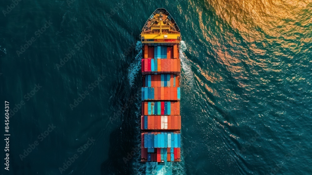 Aerial perspective of a container cargo ship carrying goods, highlighting the critical role of maritime freight in global business and international logistics. Aerial perspective of a container cargo ship carrying goods, highlighting the critical role of maritime freight in global business and international logistics.