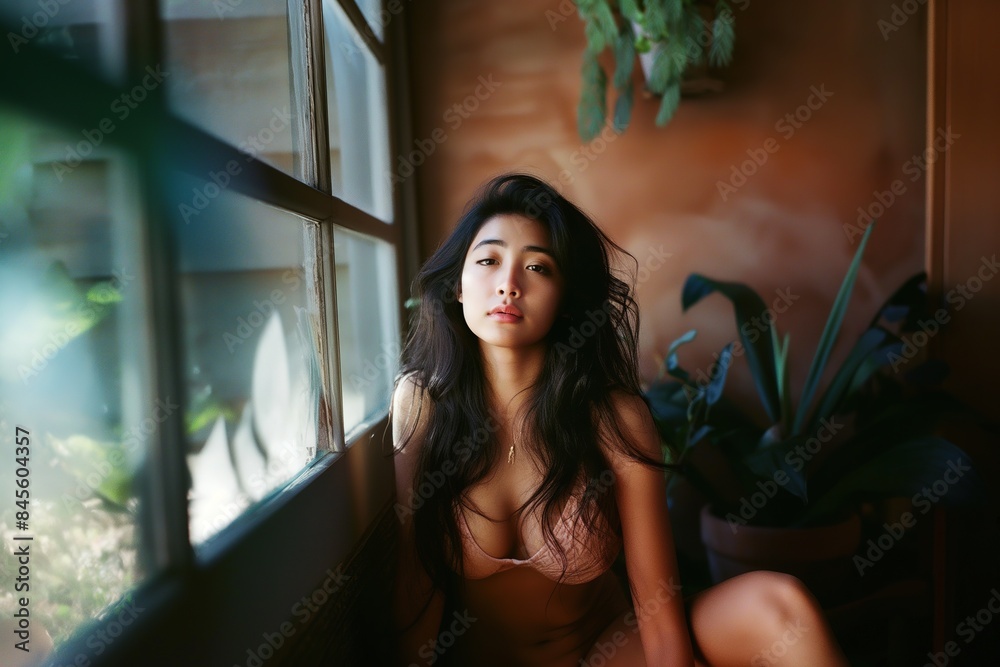 Fototapeta premium A woman poses by a window in a room with plants, wearing lingerie.