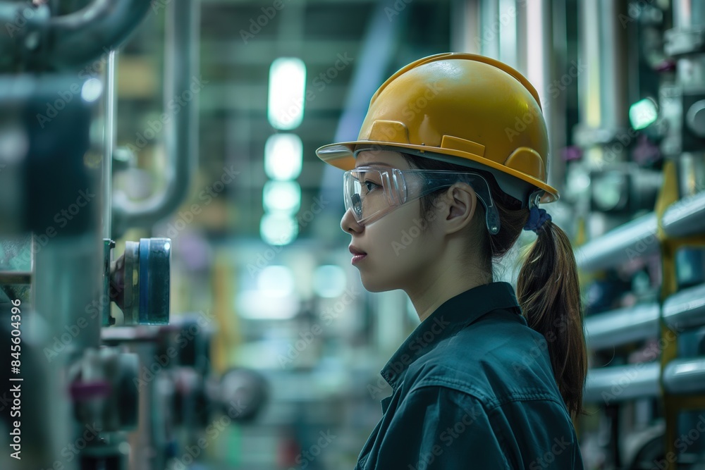 A woman in a hard hat and safety glasses inspects industrial equipment in a factory setting. A woman in a hard hat and safety glasses inspects industrial equipment in a factory setting.