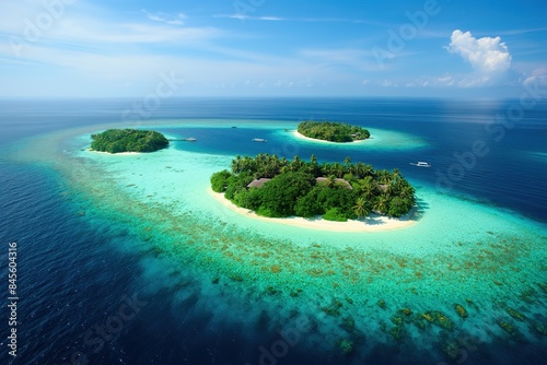 An aerial view of three tropical islands in the Maldives. The islands are surrounded by clear blue water and lush vegetation.