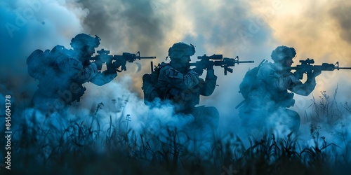 Soldiers from the US Army engaged in combat amidst smoke during a military conflict. Concept US Army, Combat, Soldiers, Military Conflict, Smoke photo