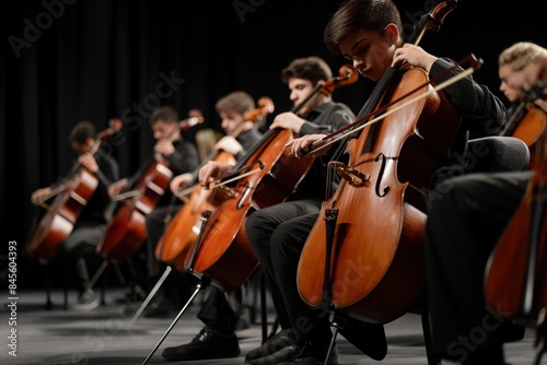 A close-up shot of a musician playing the cello on stage, surrounded by fellow musicians.
