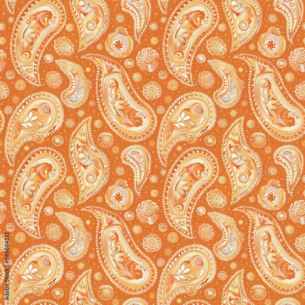 Seamless fabric pattern, paisley pattern in orange and yellow, conveys elegance and sophistication. Luxurious Textile Background Seamless fabric pattern, paisley pattern in orange and yellow, conveys elegance and sophistication. Luxurious Textile Background