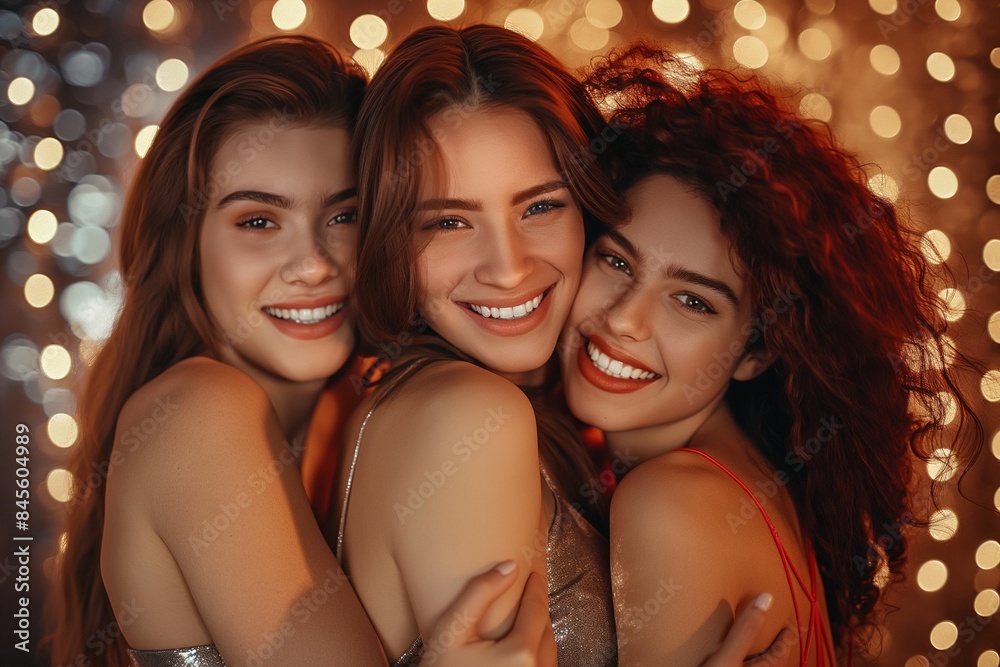 Radiant Trio of Joyful Women Embracing with Sparkling Lights Background Radiant Trio of Joyful Women Embracing with Sparkling Lights Background