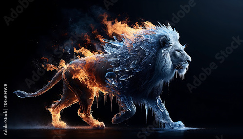 Majestic Lion with Fire and Ice Elements