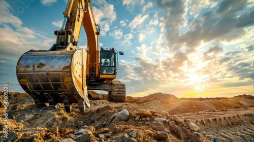 An excavator bucket captured in a close up while working  with a sky background  illustrating the advanced technology and robustness of construction tools