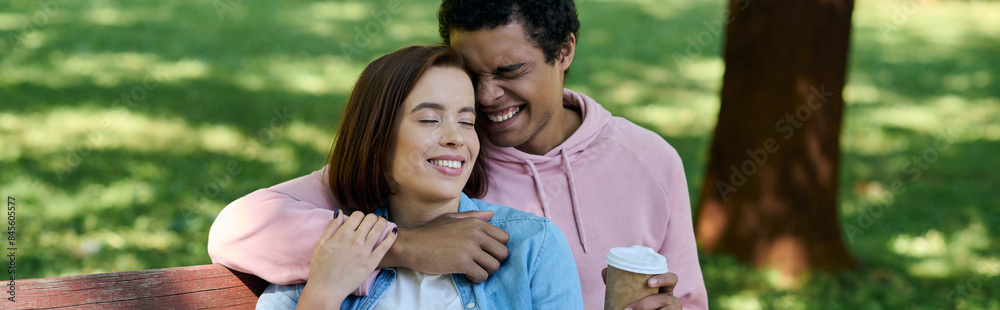 A diverse couple in vibrant attire sharing a loving embrace on a park bench. A diverse couple in vibrant attire sharing a loving embrace on a park bench.