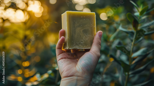 Hand holding a olive Soap bar at sunset in the garden. Close up bar of handmade soap against greenery background, copy space. photo