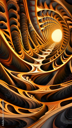 Abstract Orange Gold and The Depths Spiral Tunnel Leading to Light