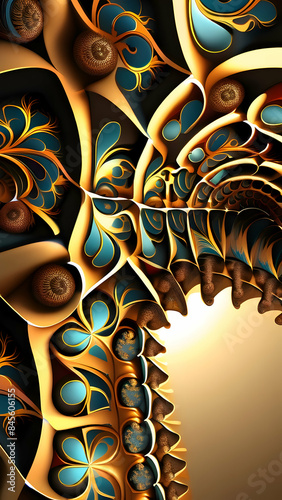 Abstract Gold and Blue Floral Pattern With Light Background