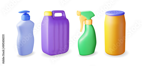 3D set of bottles with liquid detergent isolated. Render collection of canister, spray icon with cleaner, soap or dishwashing. Plastic bottle with dispenser for cleaning products. Vector illustration