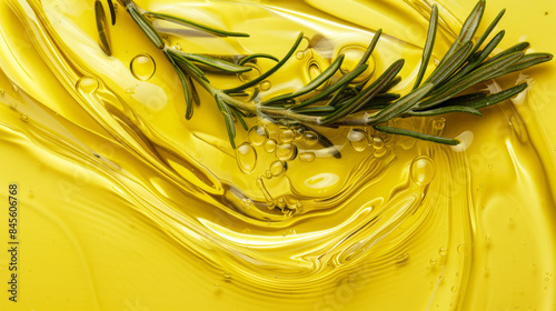 Close up transparent Olive oil being poured with rosemary with golden reflections. Oil background for design, poster, banner, website, print. photo