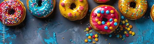 Assorted donuts with vibrant toppings, moody lighting, focus on, colorful and tempting, vibrant, Composite, cozy bakery backdrop photo