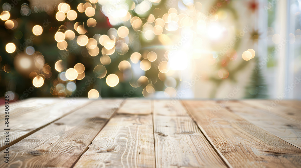 A pristine white wooden table top set against a soft, blurred Christmas background, perfect for showcasing products or creating festive montages with a touch of holiday spirit. A pristine white wooden table top set against a soft, blurred Christmas background, perfect for showcasing products or creating festive montages with a touch of holiday spirit.