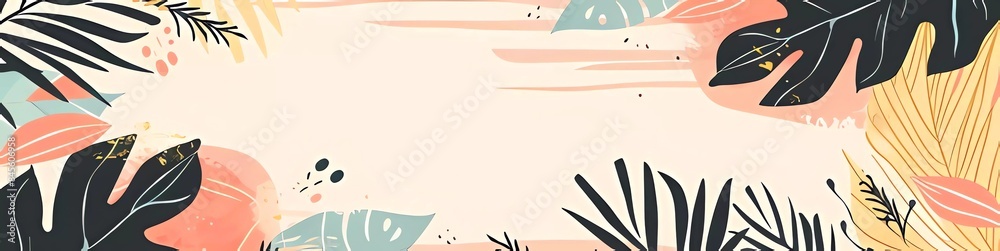 Fototapeta premium Summer banner template, frame with tropical leaves,monstera, palm tree. Hello summer. Space for text.Poster, template for social media, banner, postcard. Cartoon illustration