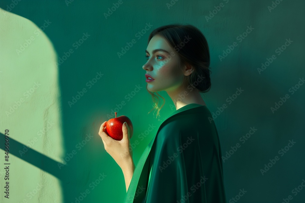 Mysterious Woman Contemplating with a Red Apple in Dim Light, Halloween costume concept Mysterious Woman Contemplating with a Red Apple in Dim Light, Halloween costume concept