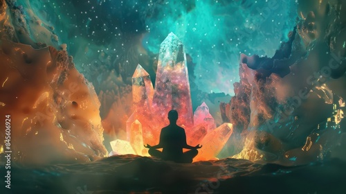 meditating figure illuminated by glowing crystal in cosmic dreamscape surreal 3d illustration