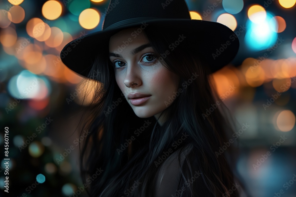 Enigmatic Woman in Fedora Hat Against Bokeh Light Background, Halloween costume concept Enigmatic Woman in Fedora Hat Against Bokeh Light Background, Halloween costume concept